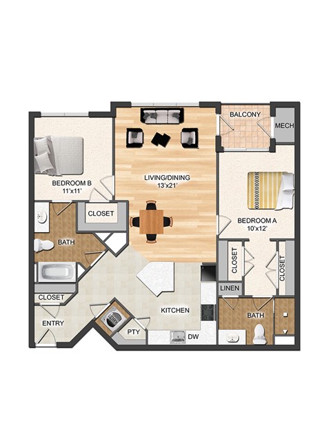 Floor plan for 2 beds, 2 baths, 1157 sqft