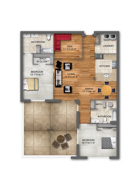 Floor plan for 2 beds, 2 baths, 1302 sqft