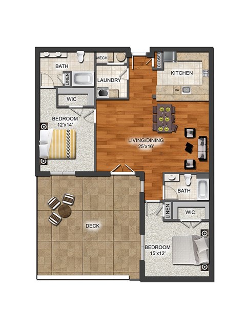 Floor plan for 2 beds, 2.5 baths, 1413 sqft