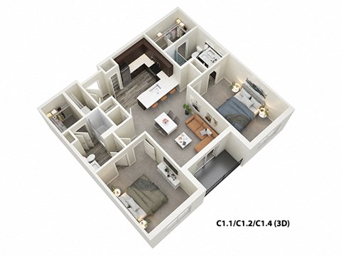 Floor plan for 2 beds, 2 baths, 1288 sqft