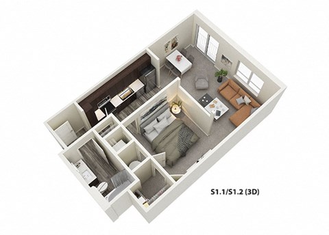 Floor plan for 1 bed, 1 bath, 670 sqft