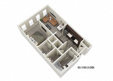 Floor plan for 1 bed, 1 bath, 689 sqft