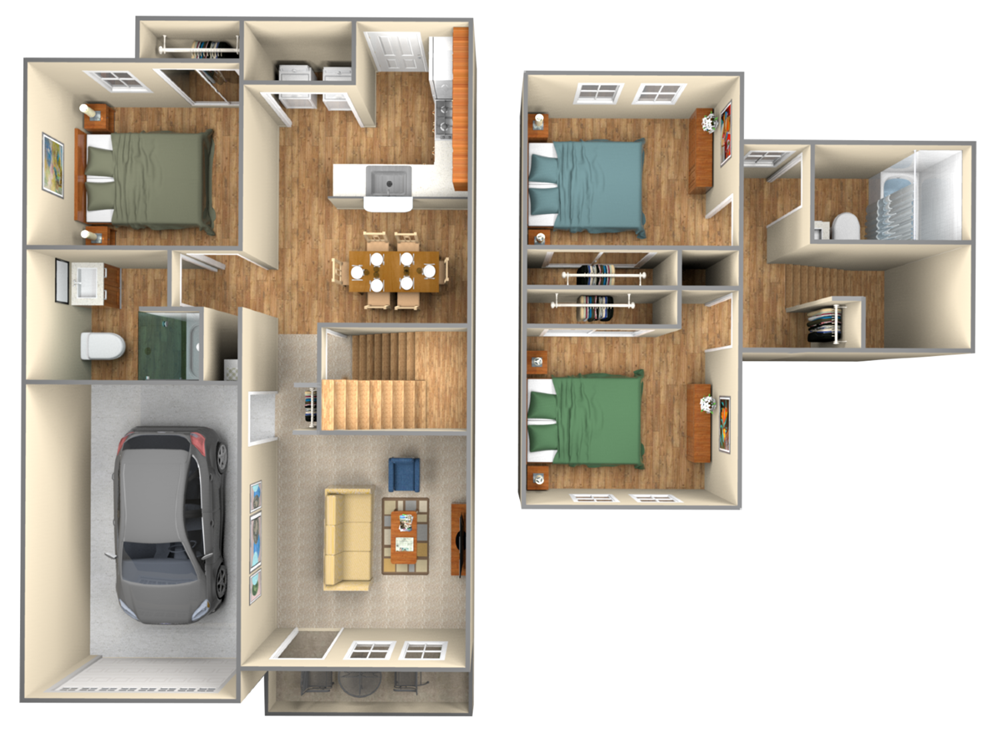 Floor plan for 3 beds, 2 baths, 1055 sqft