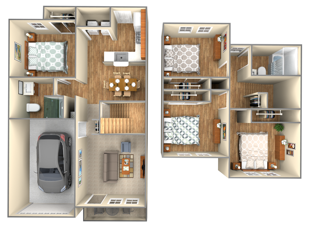 Floor plan for 4 beds, 2 baths, 1236 sqft