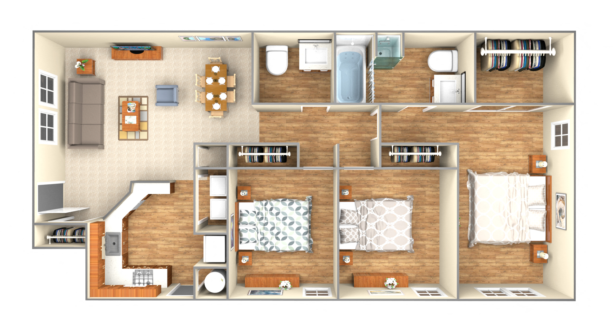 Floor plan for 3 beds, 2 baths, 1202 sqft