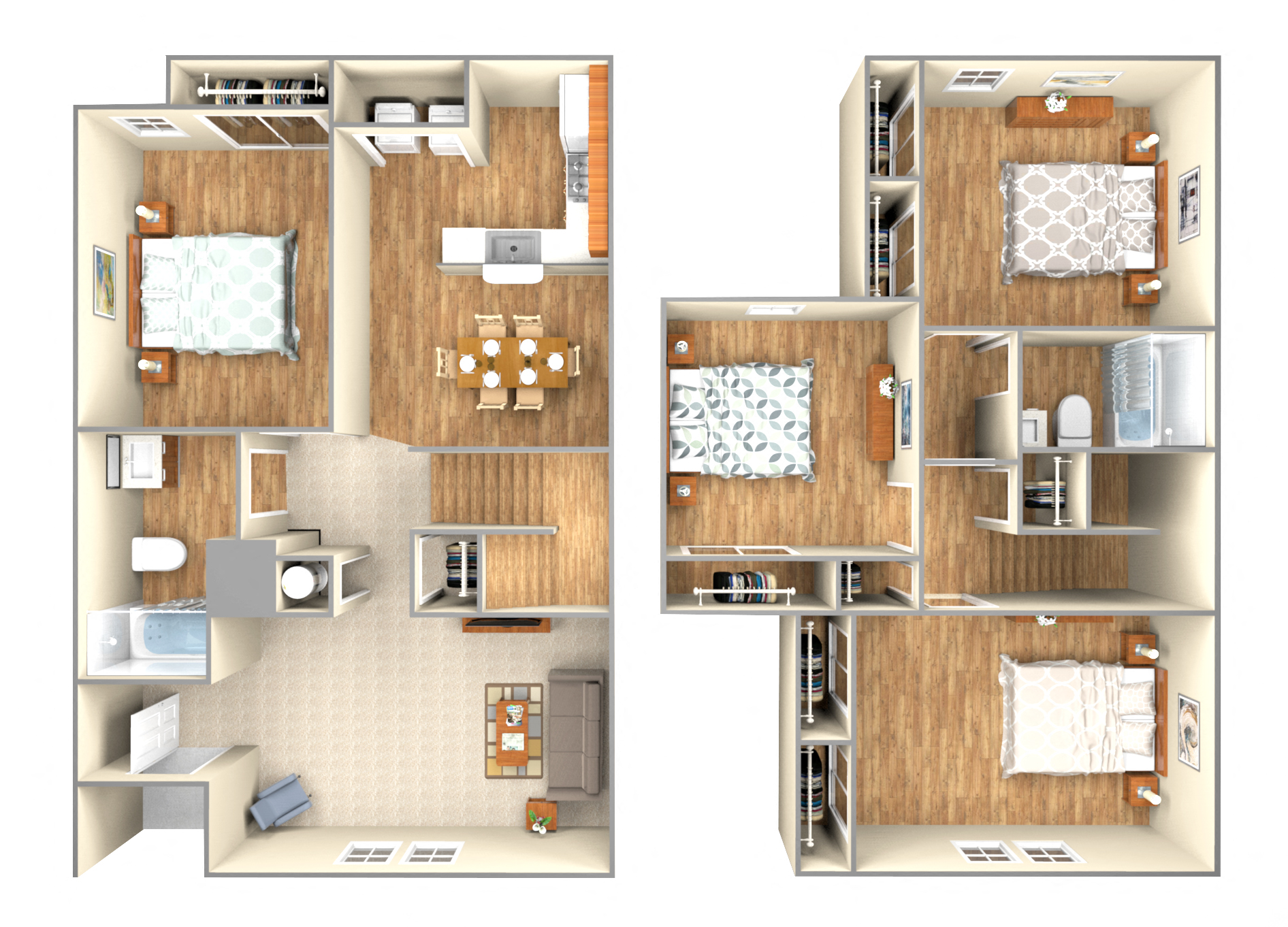 Floor plan for 4 beds, 2 baths, 1607 sqft