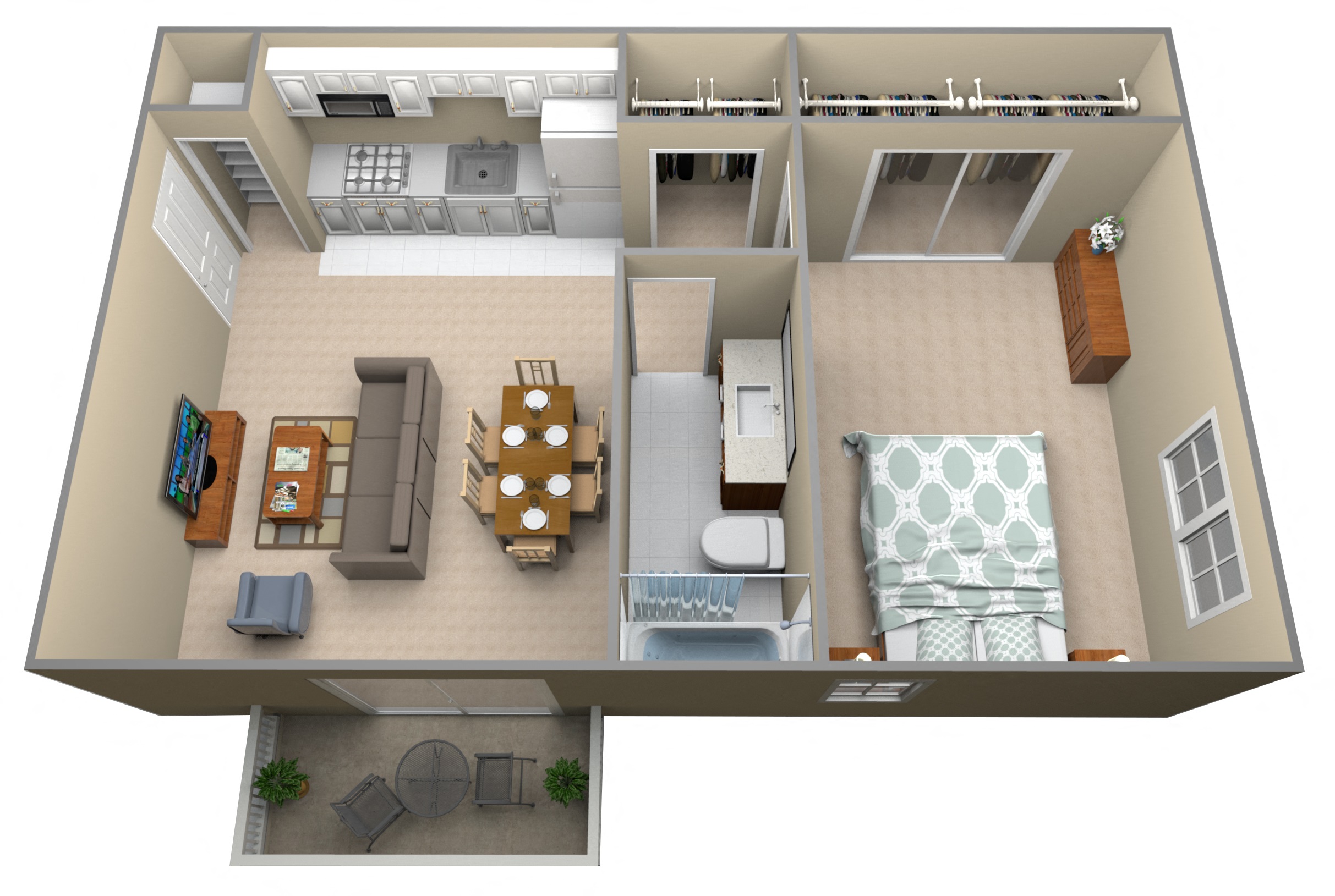 Floor plan for 1 bed, 1 bath, 697 sqft