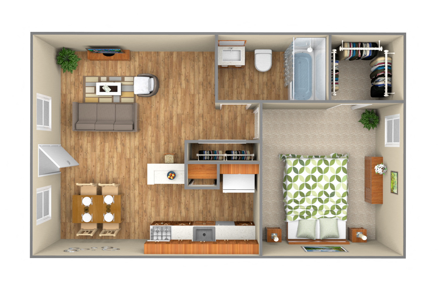 Floor plan for 1 bed, 1 bath, 540 sqft