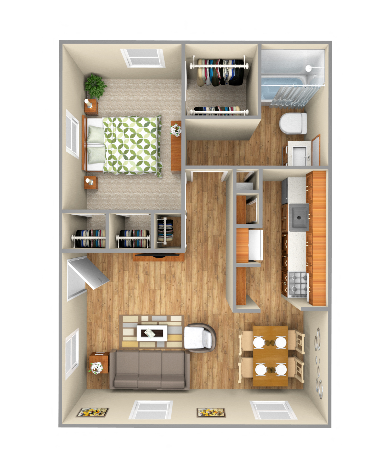 Floor plan for 1 bed, 1 bath, 660 sqft