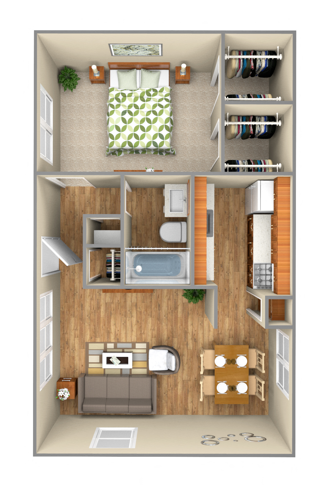 Floor plan for 1 bed, 1 bath, 692 sqft