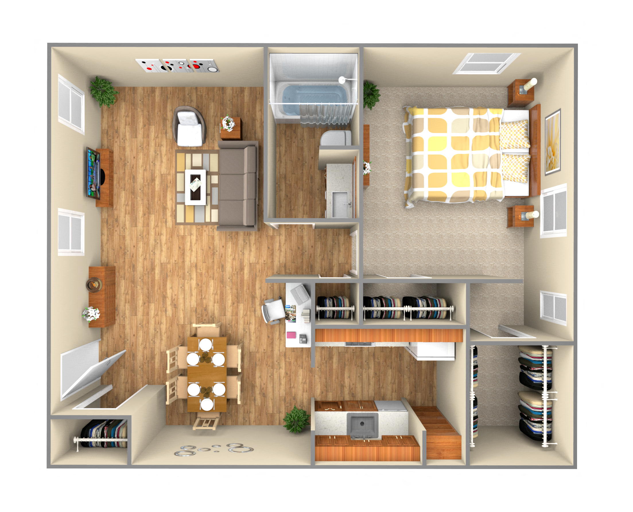 Floor plan for 1 bed, 1 bath, 720 sqft