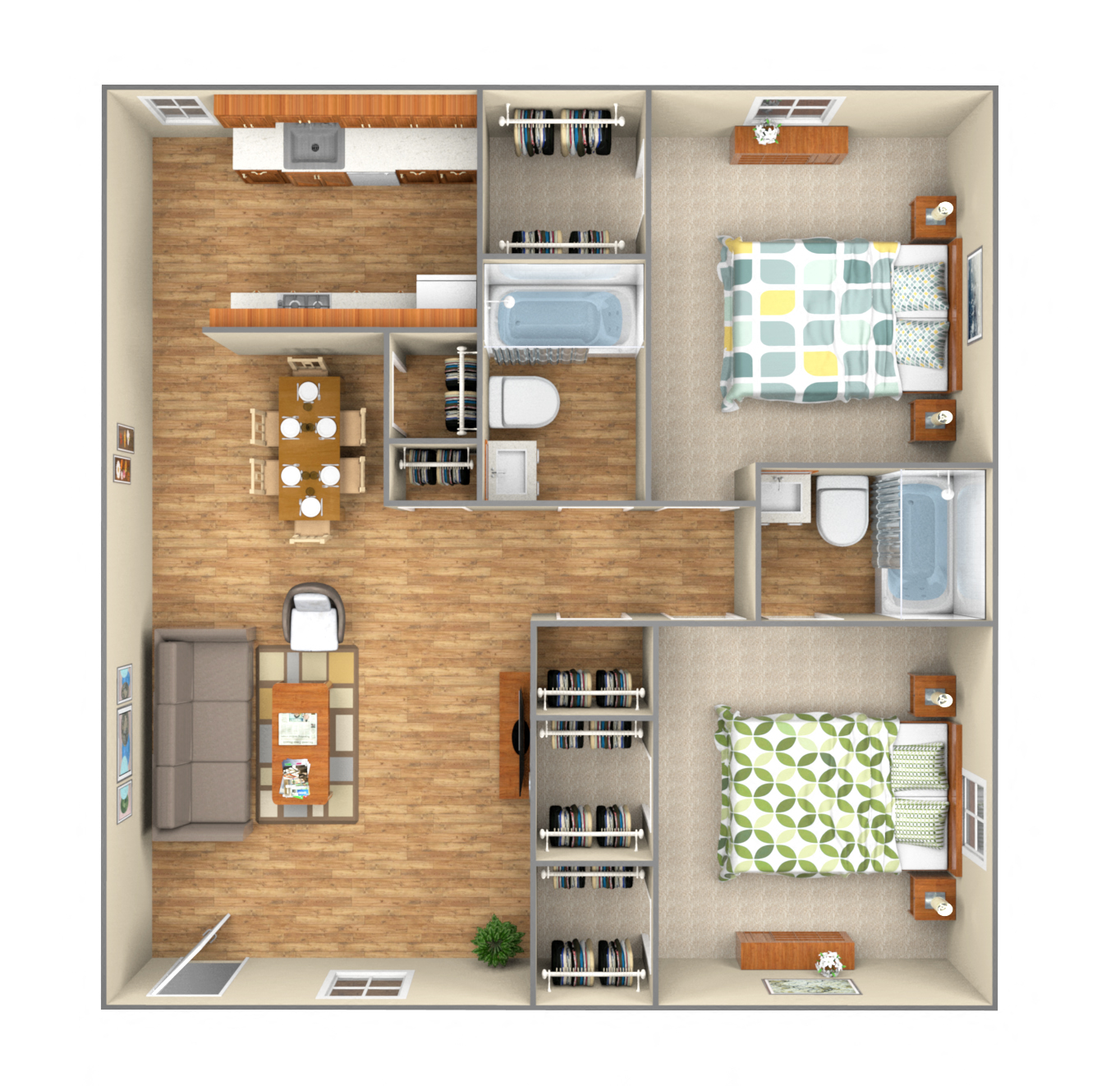 Floor plan for 2 beds, 1 bath, 900 sqft