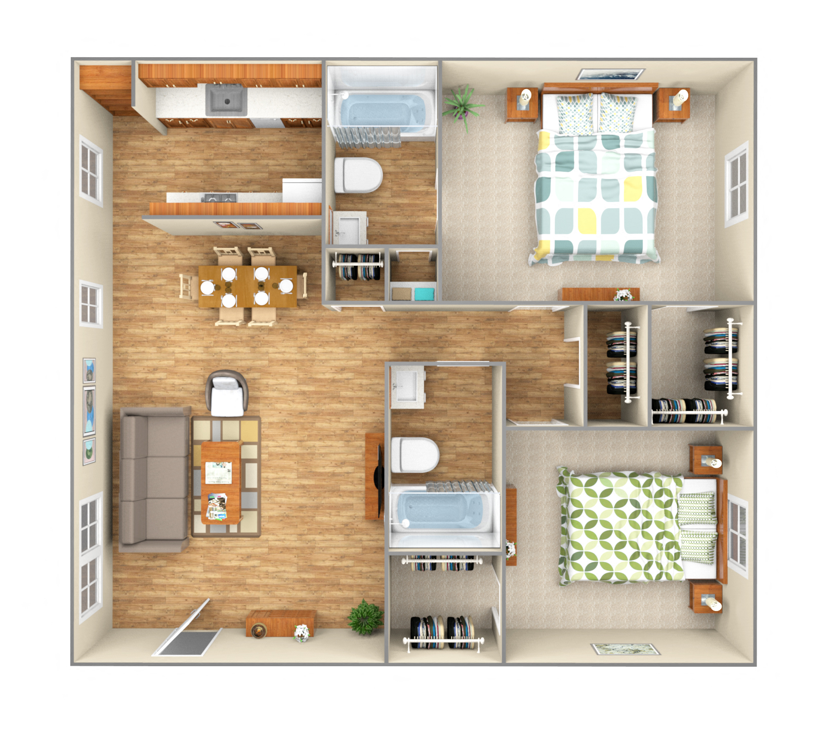 Floor plan for 2 beds, 1 bath, 975 sqft