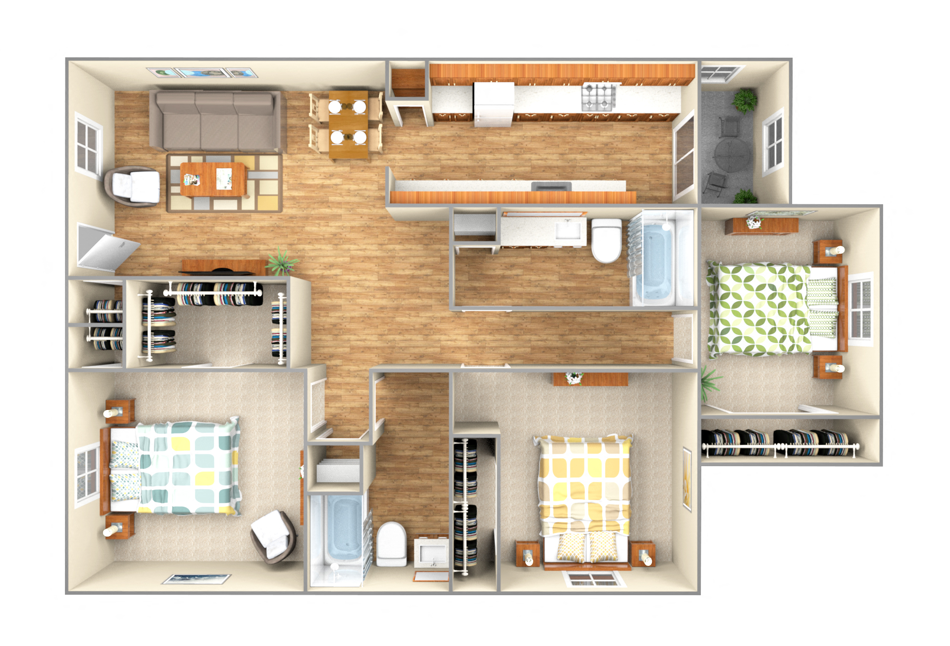 Floor plan for 3 beds, 2 baths, 1095 sqft