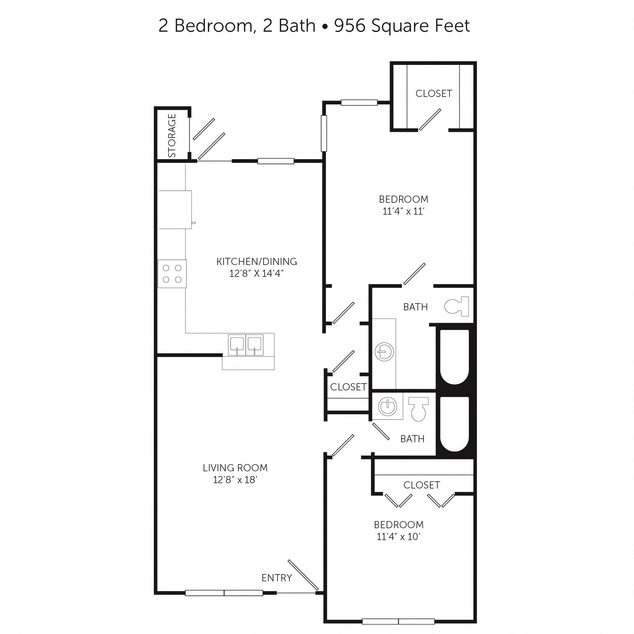 Floor plan for 2 beds, 2 baths, 956 sqft
