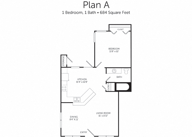 Floor plan for 1 bed, 1 bath, 684 sqft
