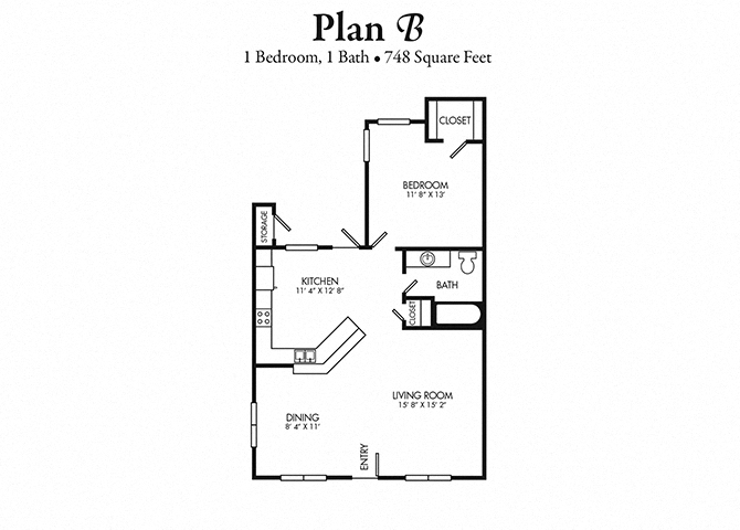 Floor plan for 1 bed, 1 bath, 748 sqft