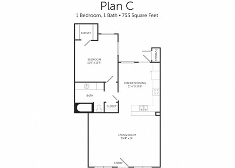 Floor plan for 1 bed, 1 bath, 753 sqft