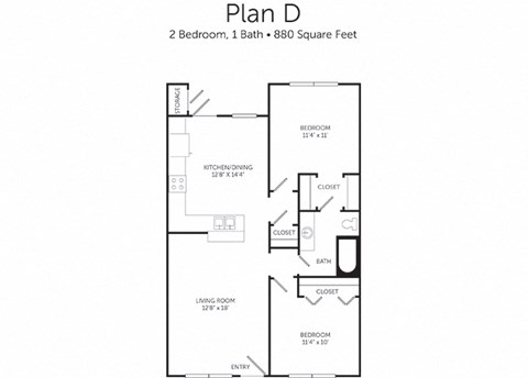 Floor plan for 2 beds, 1 bath, 880 sqft