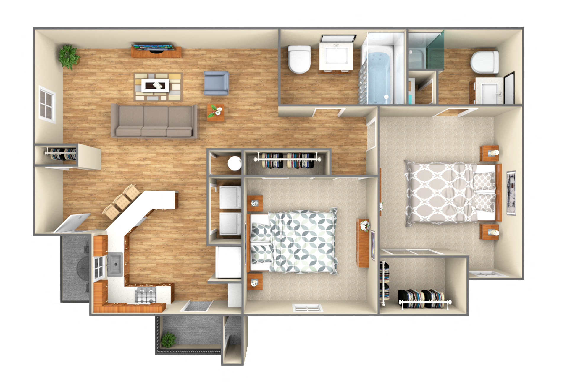 Floor plan for 2 beds, 2 baths, 980 sqft
