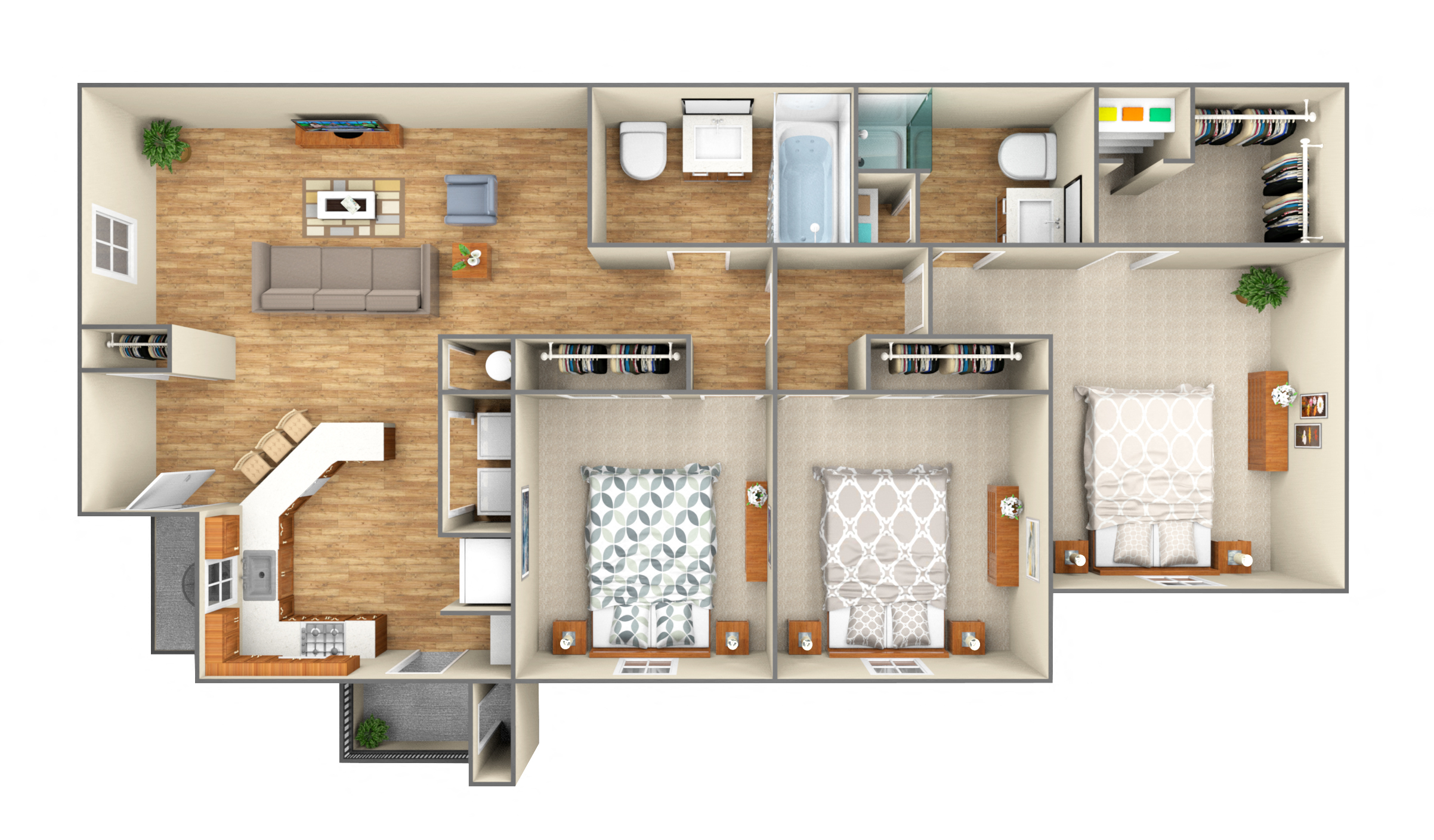 Floor plan for 3 beds, 2 baths, 1170 sqft