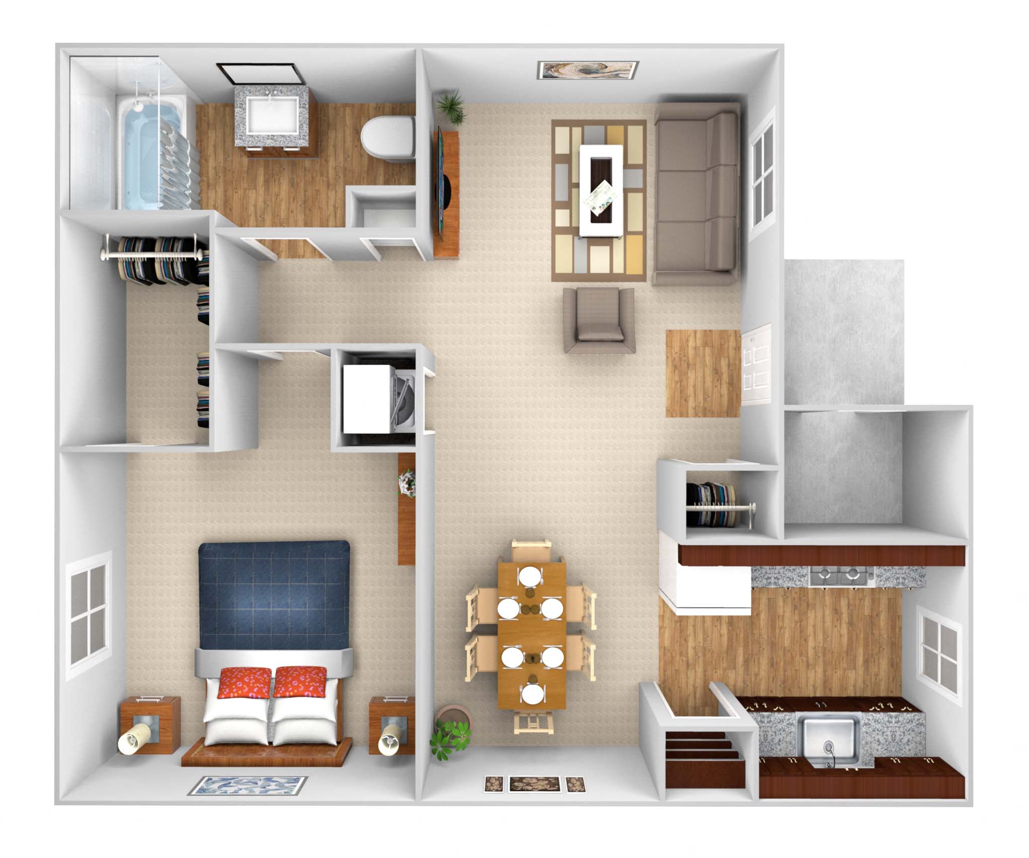 Floor plan for 1 bed, 1 bath, 694 sqft