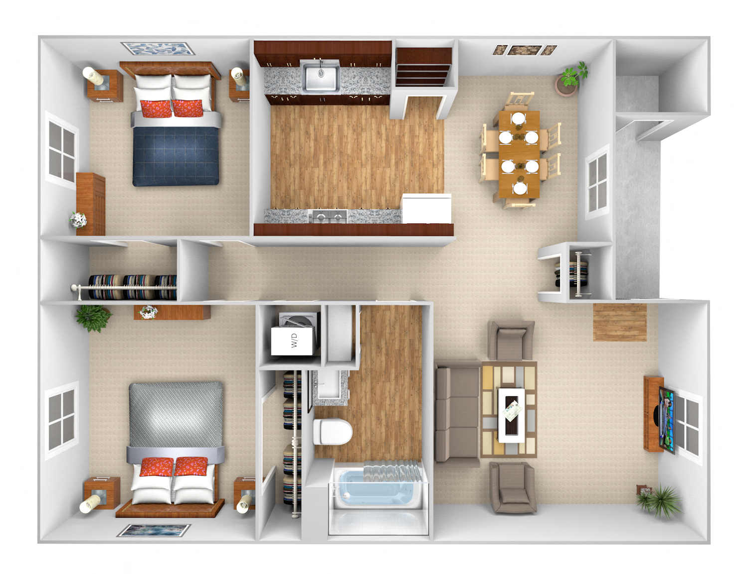 Floor plan for 2 beds, 1 bath, 835 sqft