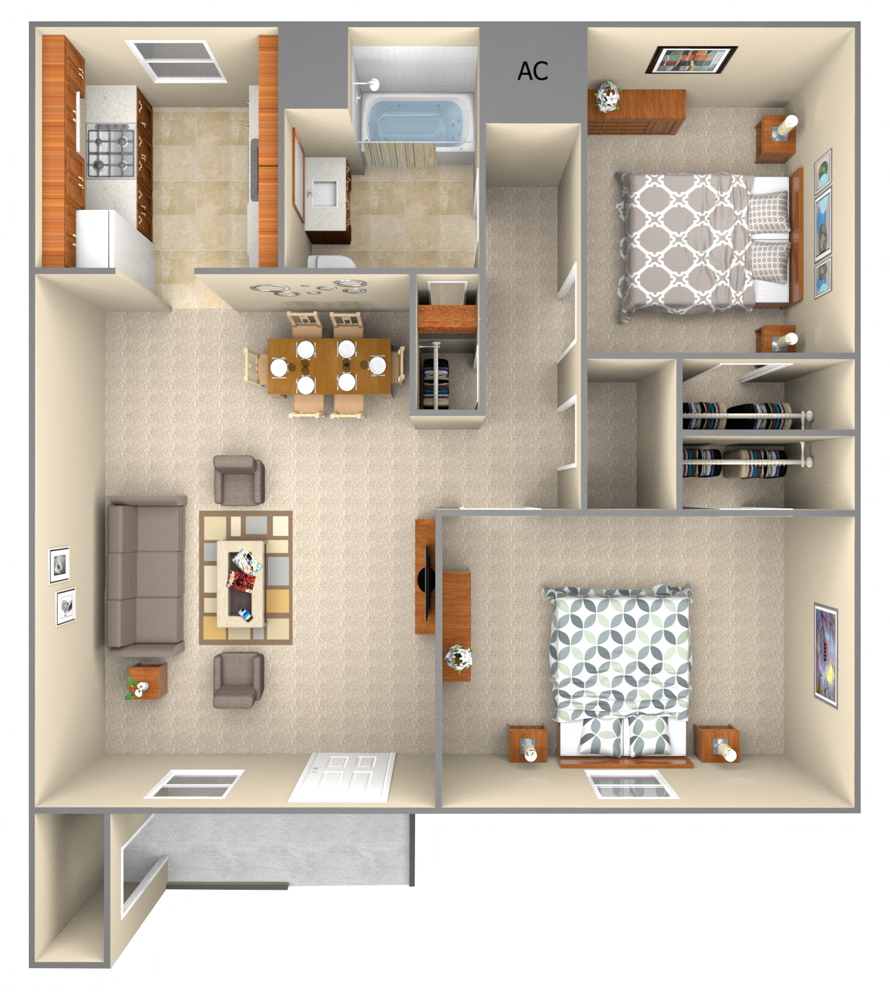 Floor plan for 2 beds, 1 bath, 752 sqft