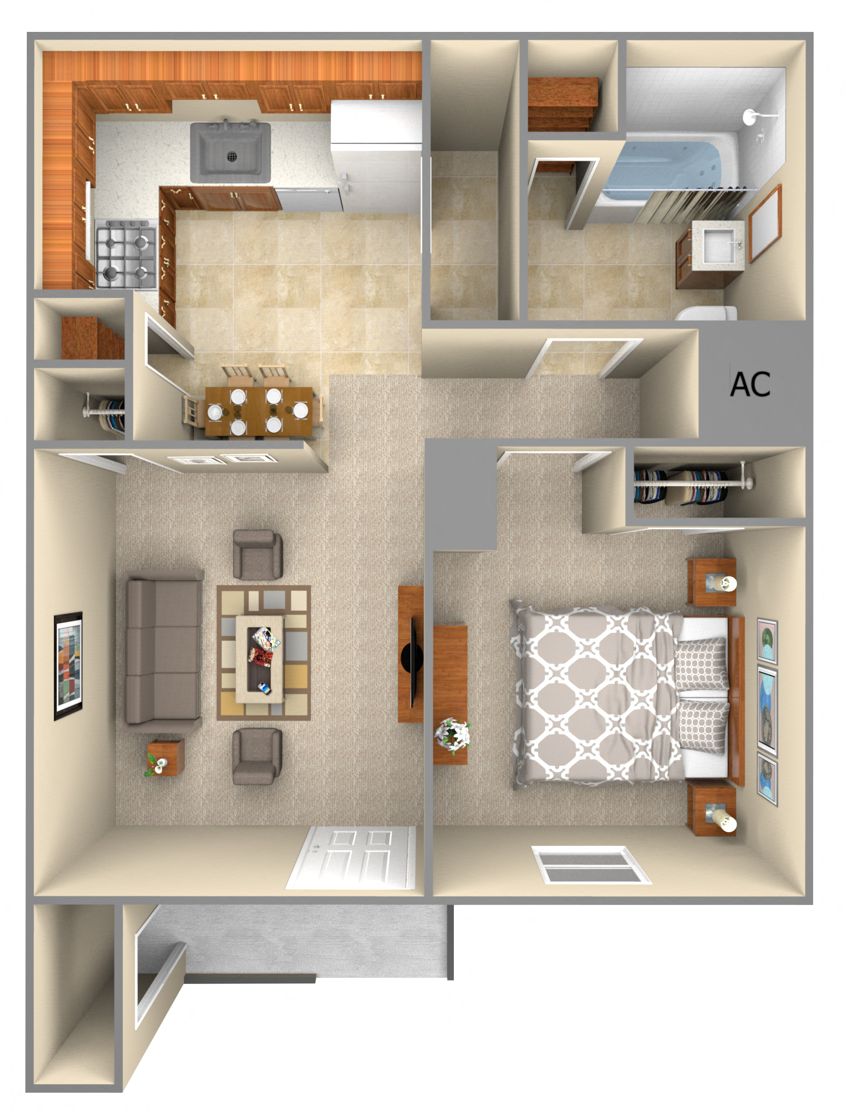 Floor plan for 1 bed, 1 bath, 574 sqft