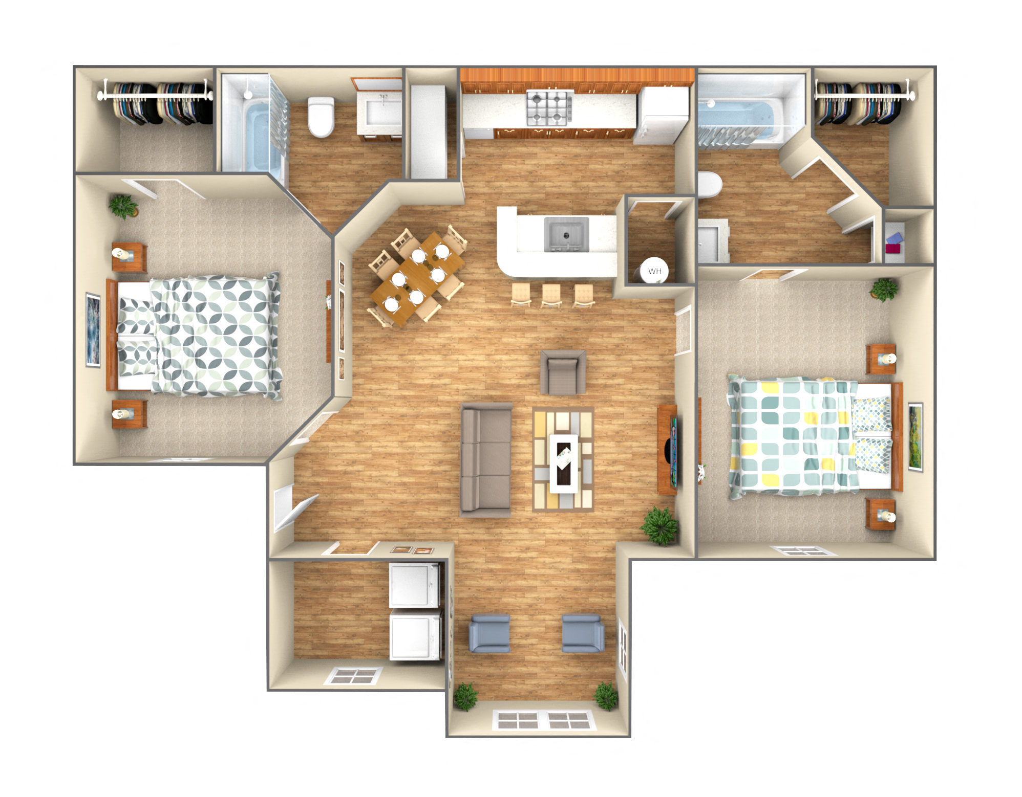 Floor plan for 2 beds, 2 baths, 950 sqft