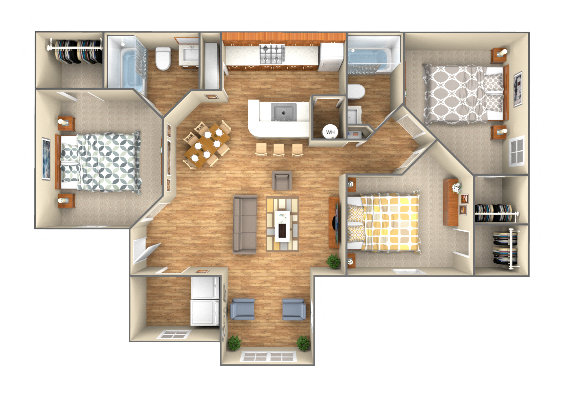 Floor plan for 3 beds, 2 baths, 1075 sqft