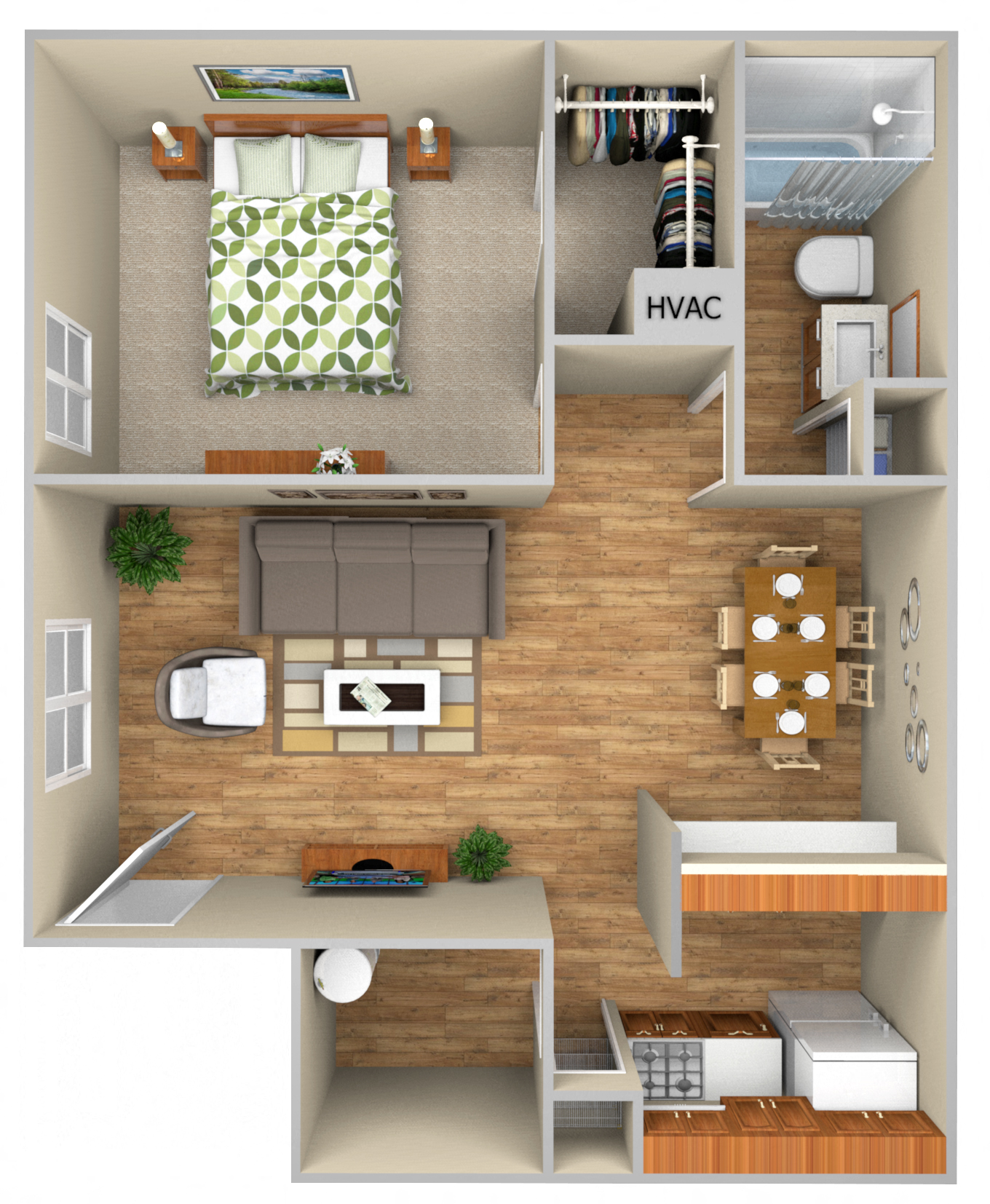 Floor plan for 1 bed, 1 bath, 678 sqft