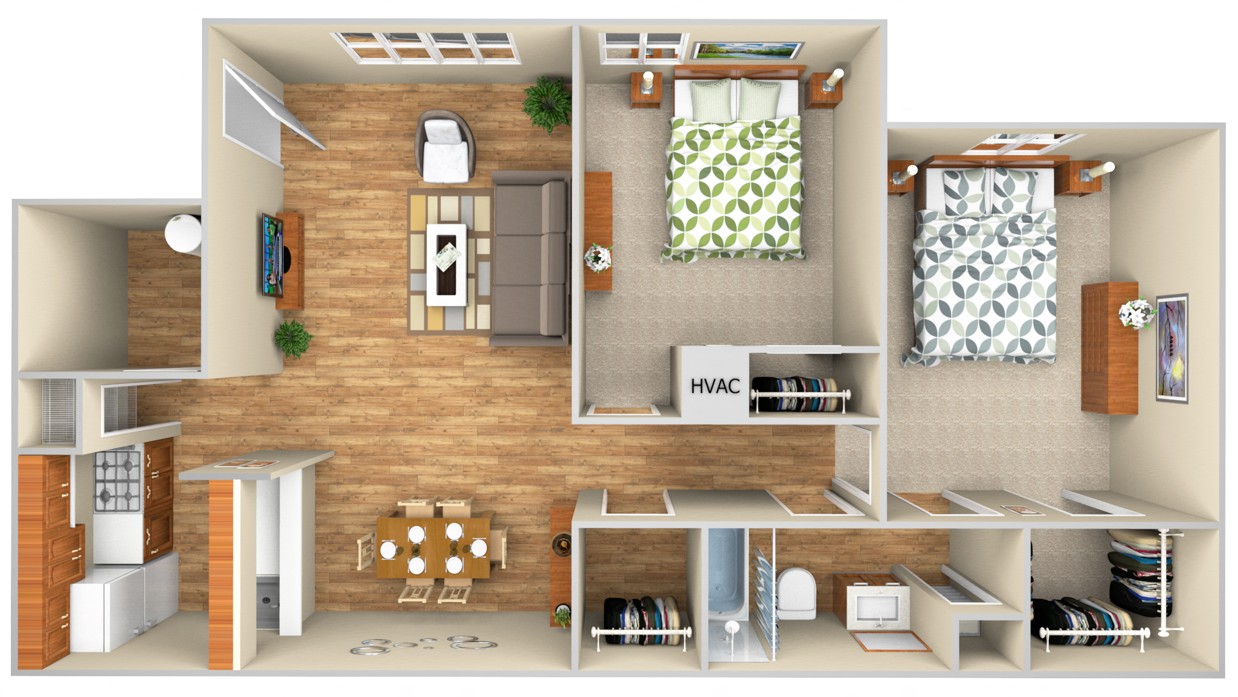 Floor plan for 2 beds, 1 bath, 888 sqft