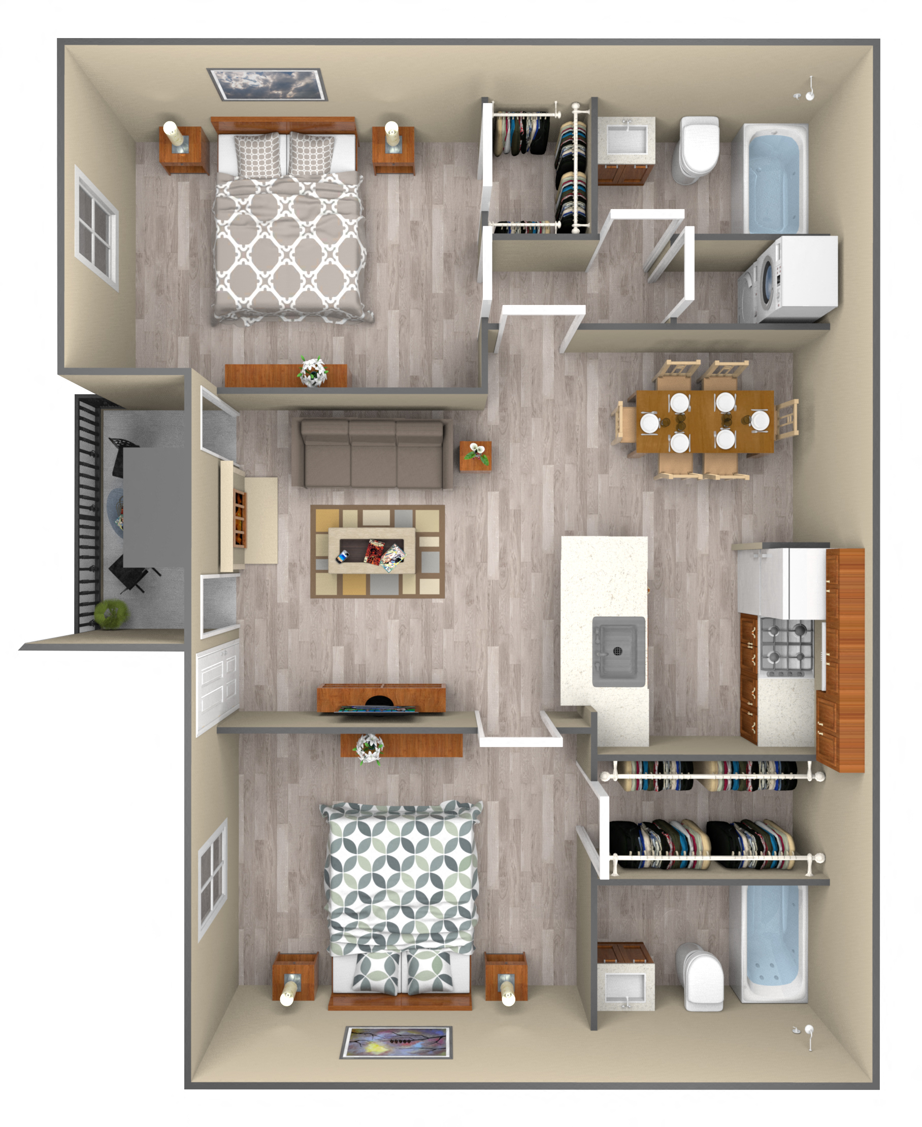 Floor plan for 2 beds, 2 baths, 838 sqft