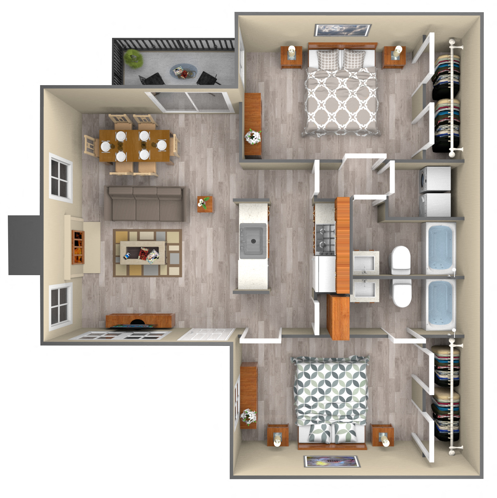 Floor plan for 2 beds, 2 baths, 966 sqft