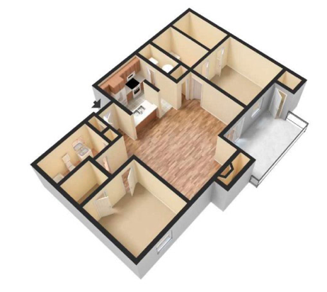 Floor plan for 2 beds, 2 baths, 951 sqft