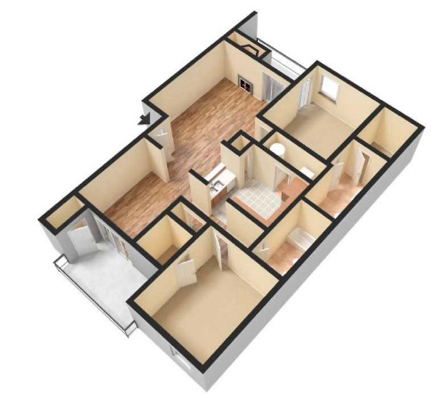 Floor plan for 2 beds, 2 baths, 1076 sqft