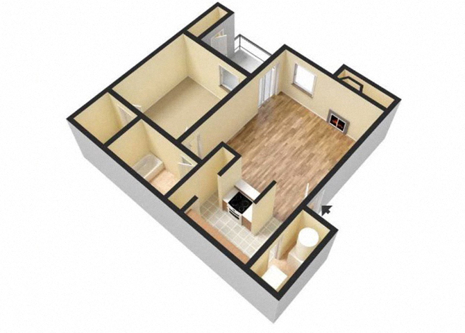 Floor plan for 1 bed, 1 bath, 593 sqft