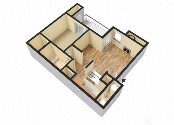 Floor plan for 1 bed, 1 bath, 636 sqft
