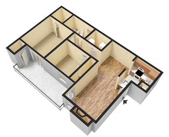 Floor plan for 2 beds, 1 bath, 807 sqft