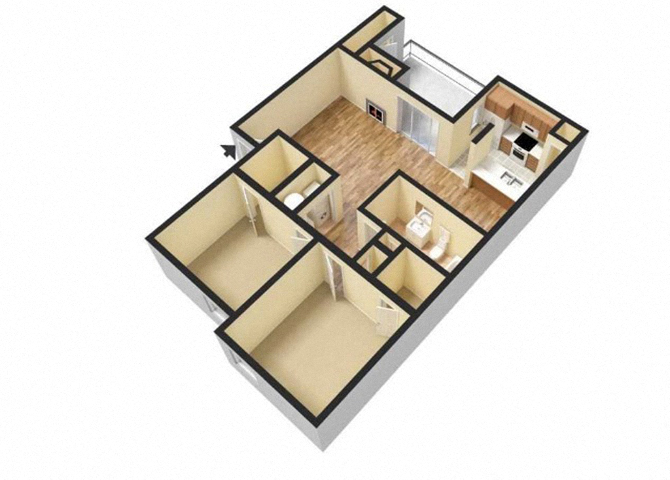 Floor plan for 2 beds, 1 bath, 882 sqft