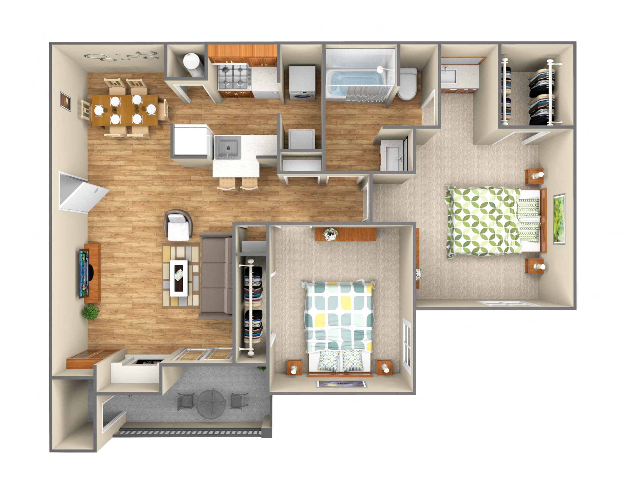 Floor plan for 2 beds, 1 bath, 855 sqft