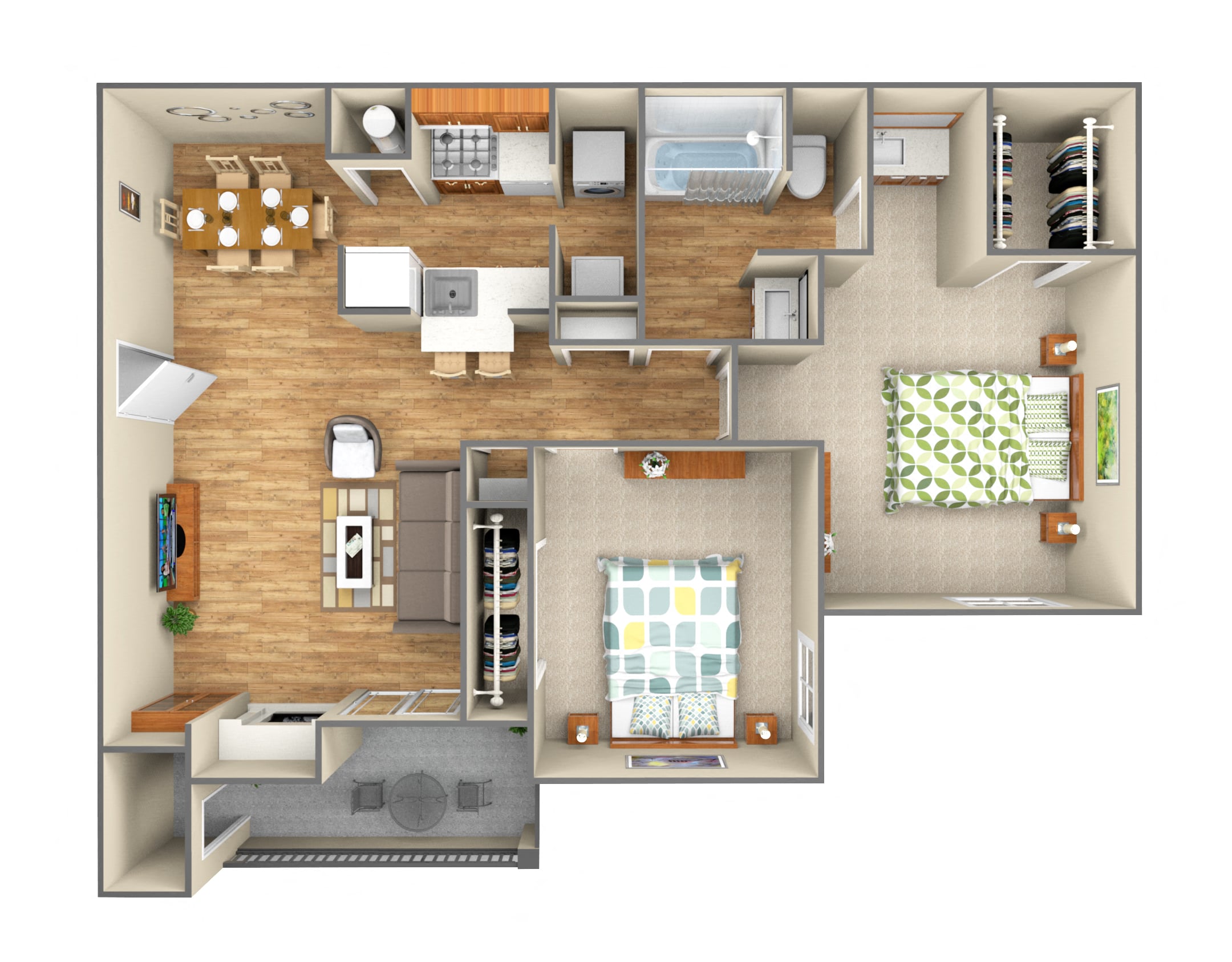 Floor plan for 2 beds, 1 bath, 855 sqft