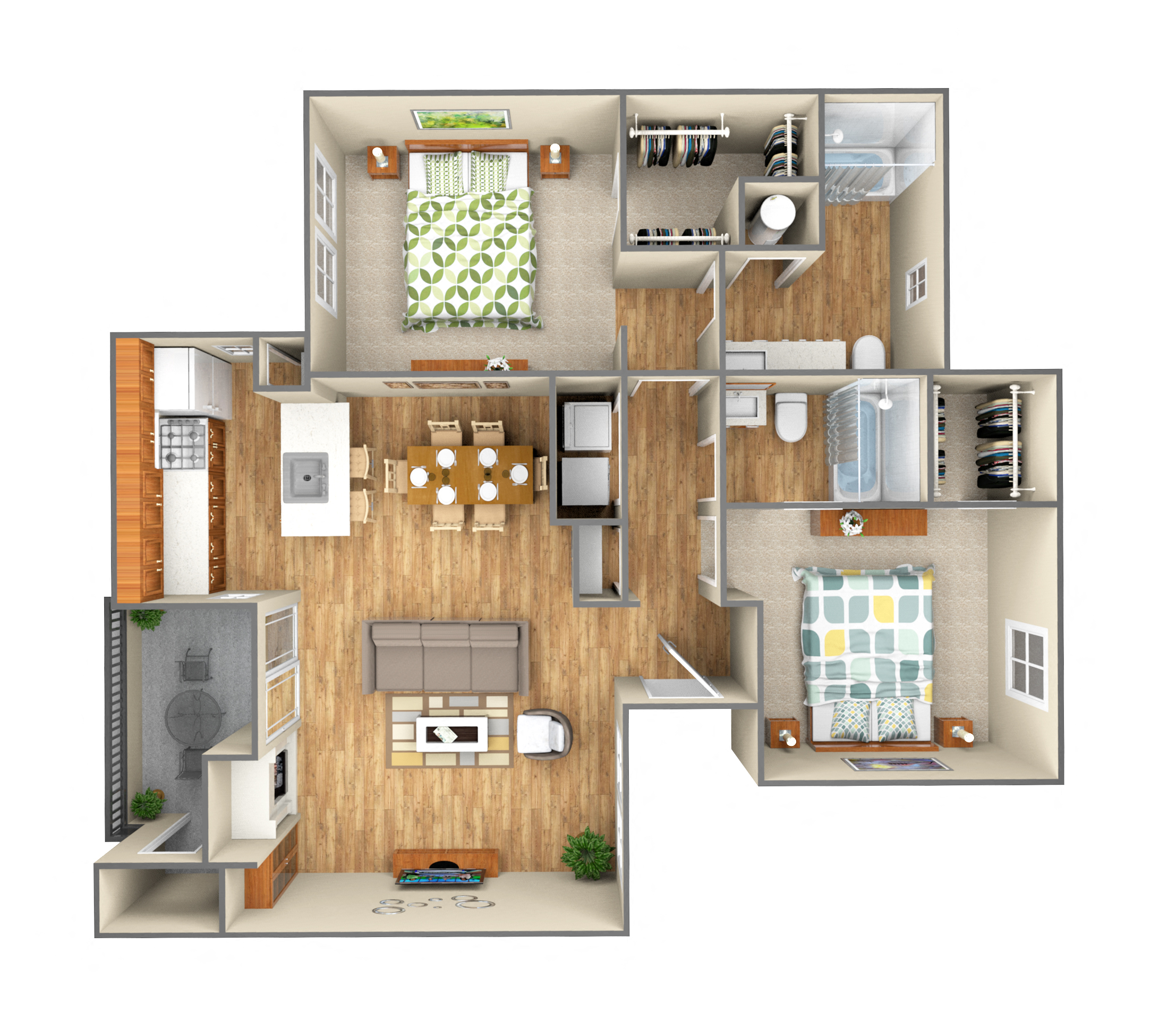 Floor plan for 2 beds, 2 baths, 1037 sqft