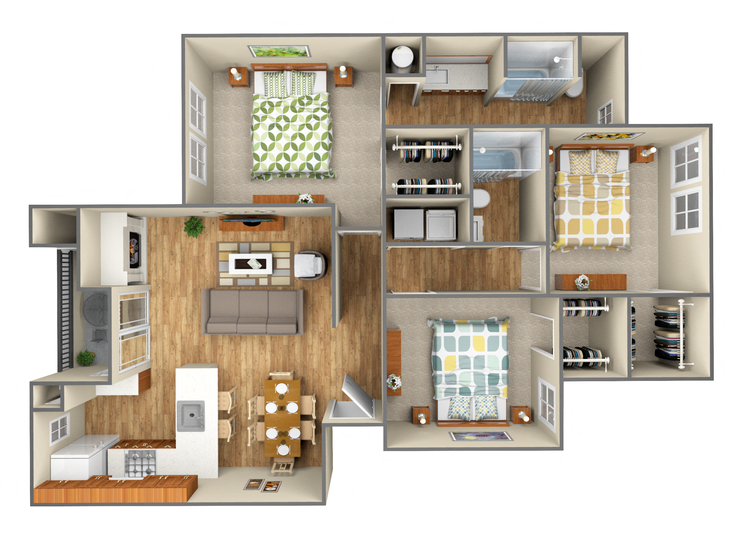 Floor plan for 3 beds, 2 baths, 1174 sqft