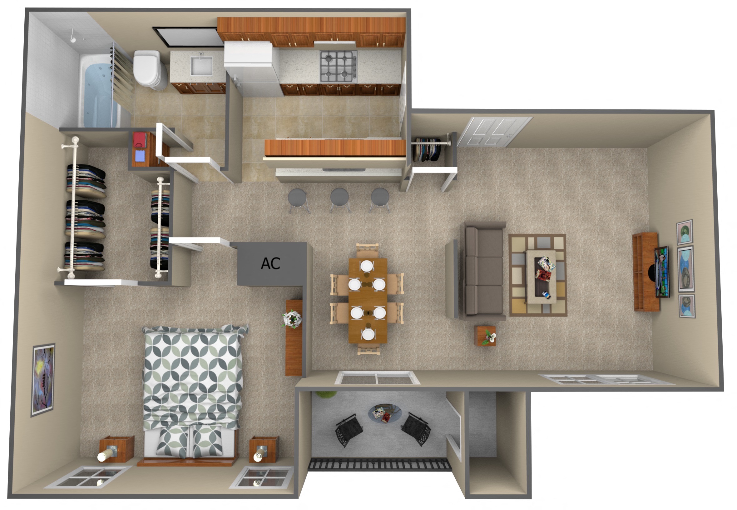 Floor plan for 1 bed, 1 bath, 709 sqft