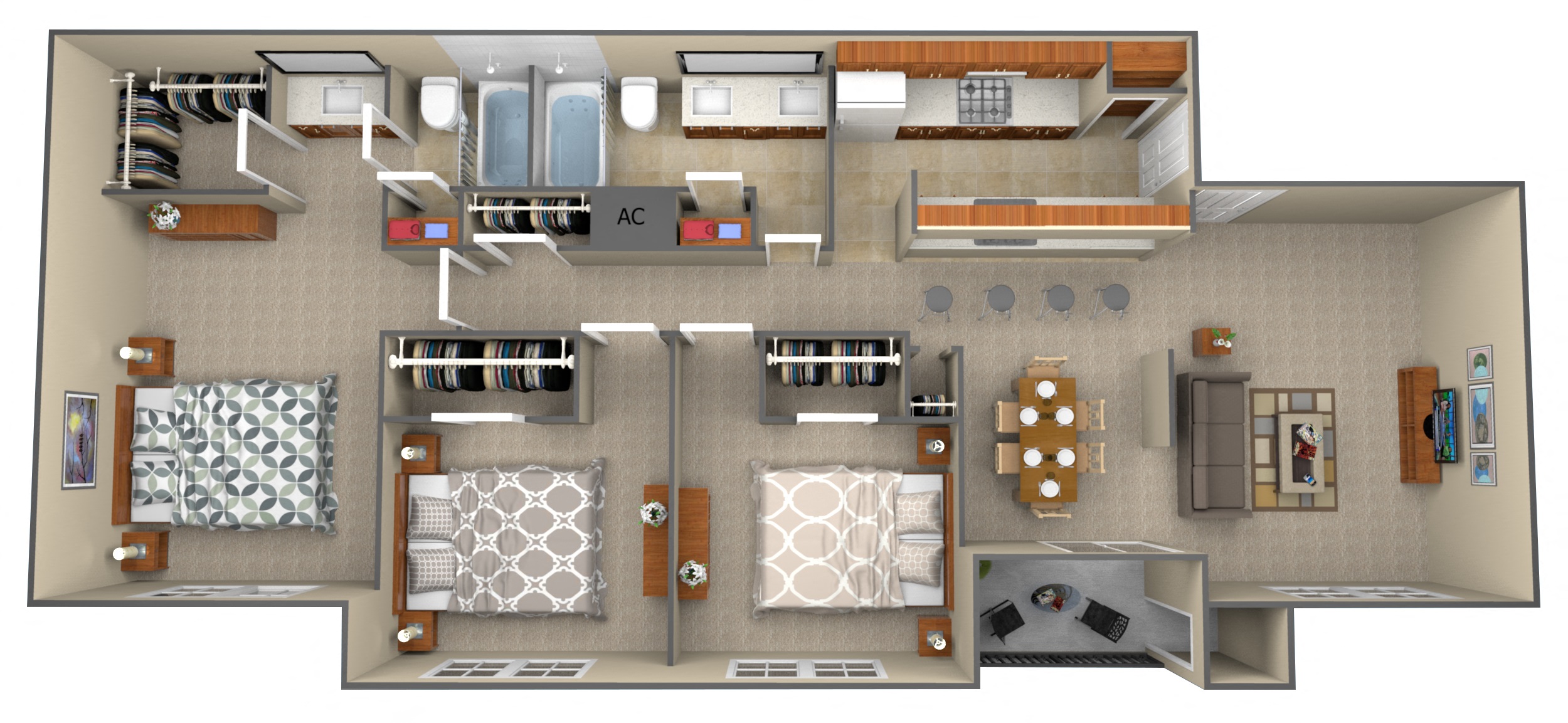 Floor plan for 3 beds, 2 baths, 1258 sqft