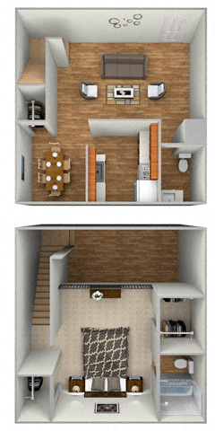 Floor plan for 1 bed, 1.5 baths, 775 sqft