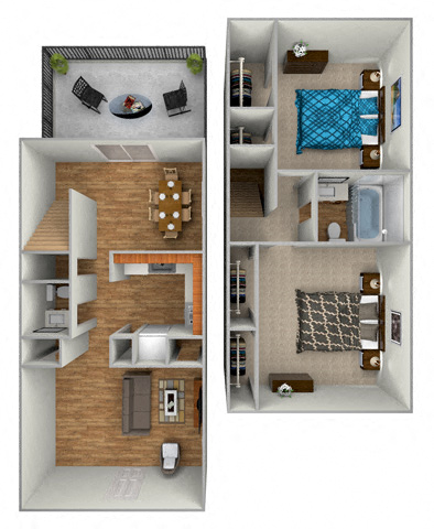 Floor plan for 2 beds, 1.5 baths, 1000 sqft