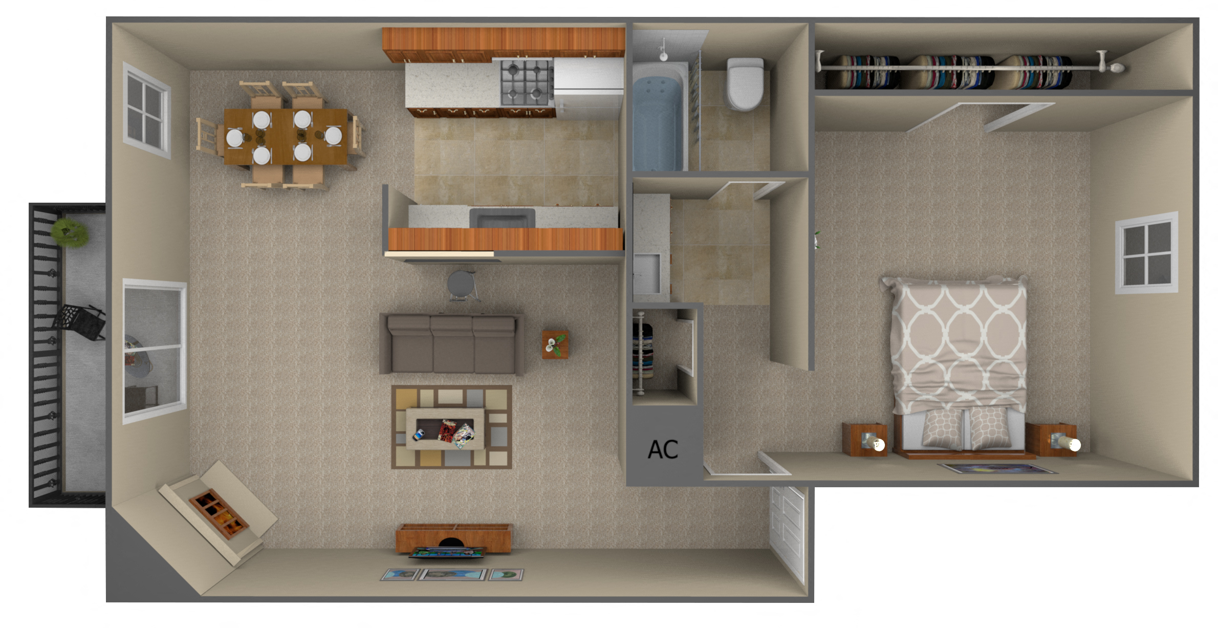 Floor plan for 1 bed, 1 bath, 660 sqft